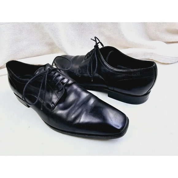 Hugo Boss Size 8.5 Men\'s Black Leather Embossed Logo Lace Up Square Toe Shoes main image 9